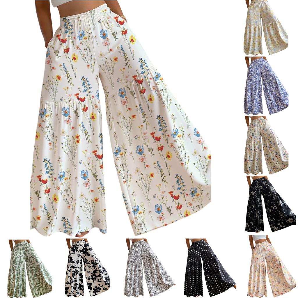 Women's High Waist Wide Leg Pants Loose Fit Lightweight Floral Print Casual Palazzo Trousers with Elastic Waistband and Side Pockets