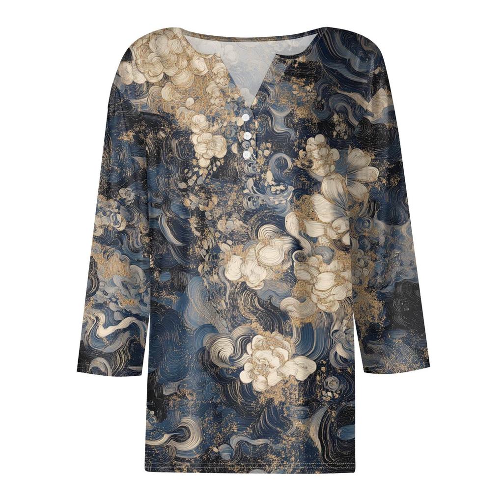 Women's T Shirt Print Button 3/4 Sleeve Daily Weekend Fashion Basic V- Neck Regular Top