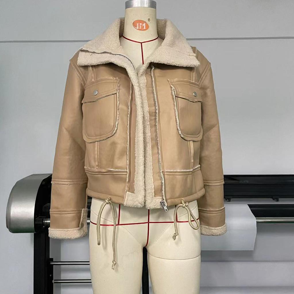 Giacca in pelle artificiale da donna PU corto spesso caldo cappotto nero pilota da donna cappotto in velluto con risvolto retrò Top invernale da donna