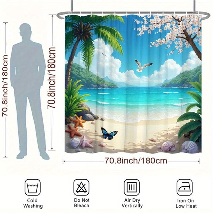 1pc Tropical Beach Shower Curtain - Palm Trees, Starfish, Cherry Blossoms & Butterflies, Polyester, 70x70", 12 Hooks