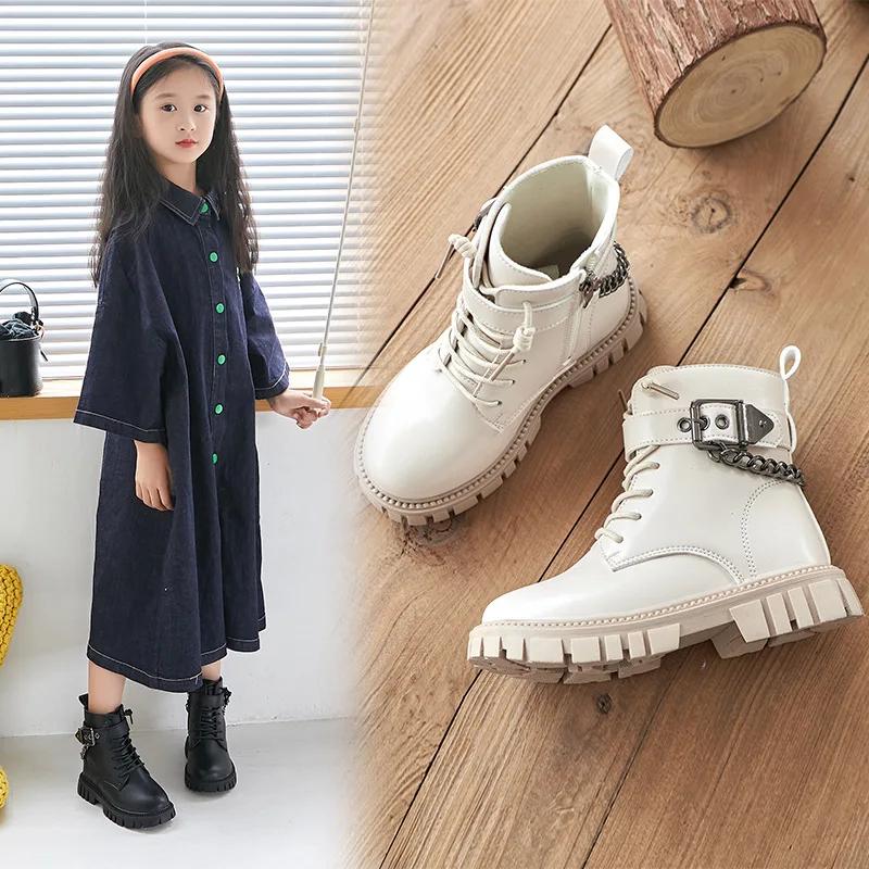 Children Boots Soft-soled Girls Tide Boots Autumn and Winter Warm British Style Boys Leather Boots Student Metal Chain Hot