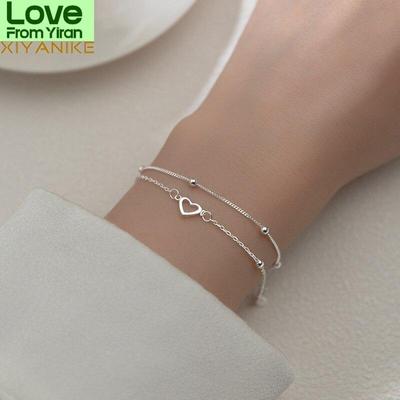 Xiyanike Silver Plated Double Love Heart Hollow Round Beads Bracelet Female Fashion Romantic Jewelry Classic Adjustable