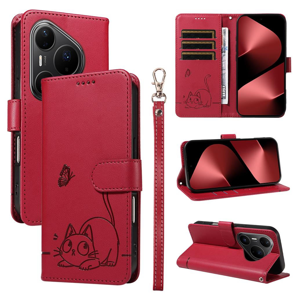 For Huawei Pura 80 Pro+/Huawei Pura 80 Pro Case Cat Pattern Imprint Leather Phone Cover with Wrist Strap