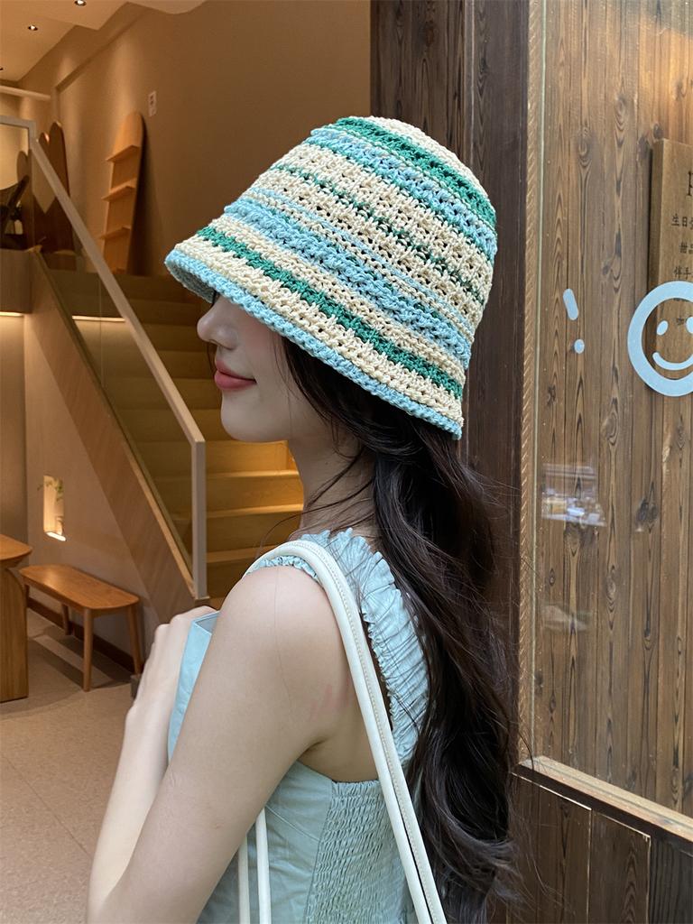 Spring and summer thin handmade knitted fisherman hat striped soft top basin hat versatile sun protection travel visor