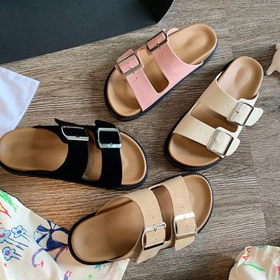 2024 Women Buckle Belt Slippers Flats Thicken Sole Sandals Femme Platform Slides Straps Flipflops Nubuck PU Leather Shoes Ladies