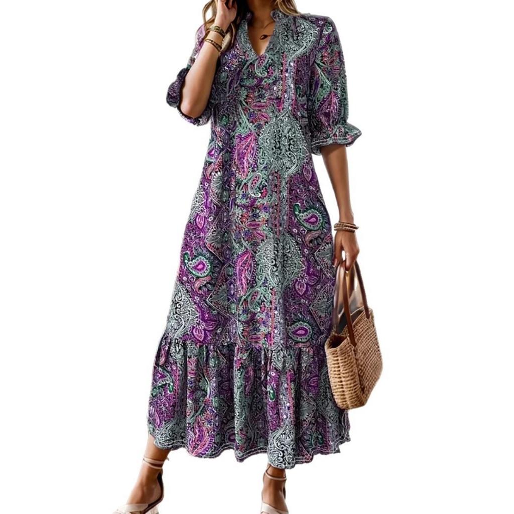 New Women's Print V-neck Mid-sleeve A-line Dress Casual Fashion Sundress for Daily Outing Travel