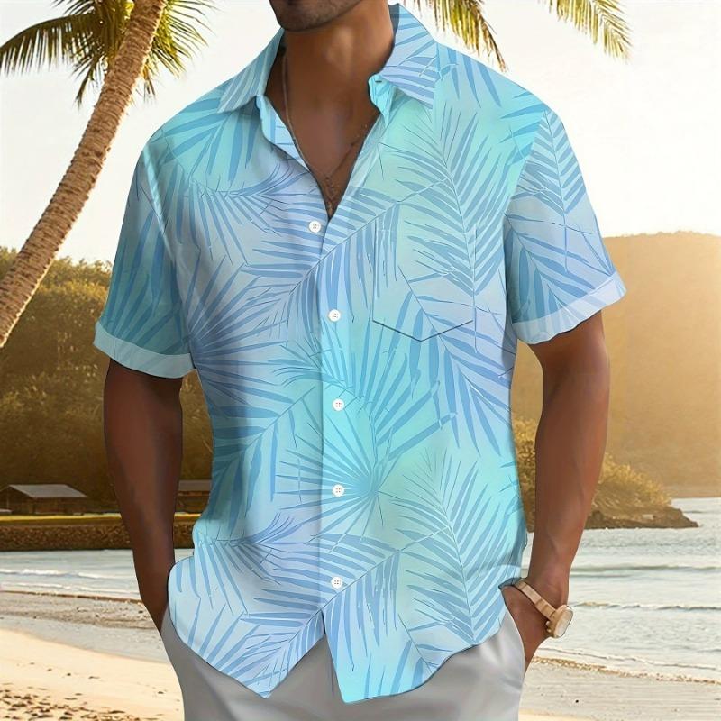 Men Tropical Palm Leaf Print Cuban Collar Short Sleeve Casual Button Up Beach Shirt S синий