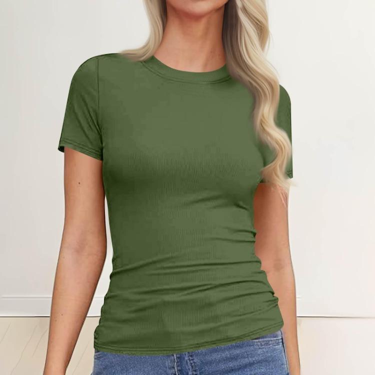 Fashion Ladies Slim Fit T-Shirt Casual Short Sleeve Round Neck Solid Color Pullover Top