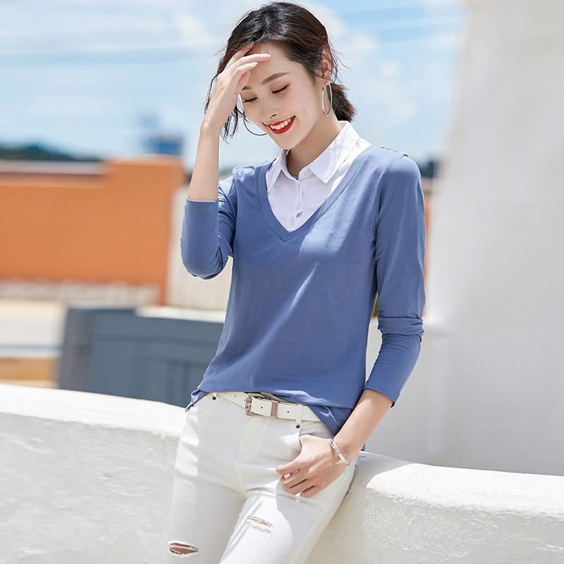 Bavlna korejské jaro nové dámské košile s dlouhým rukávem podzimní falešné dvě ženy štíhlé košile s límcem s otočením dolů Za topy