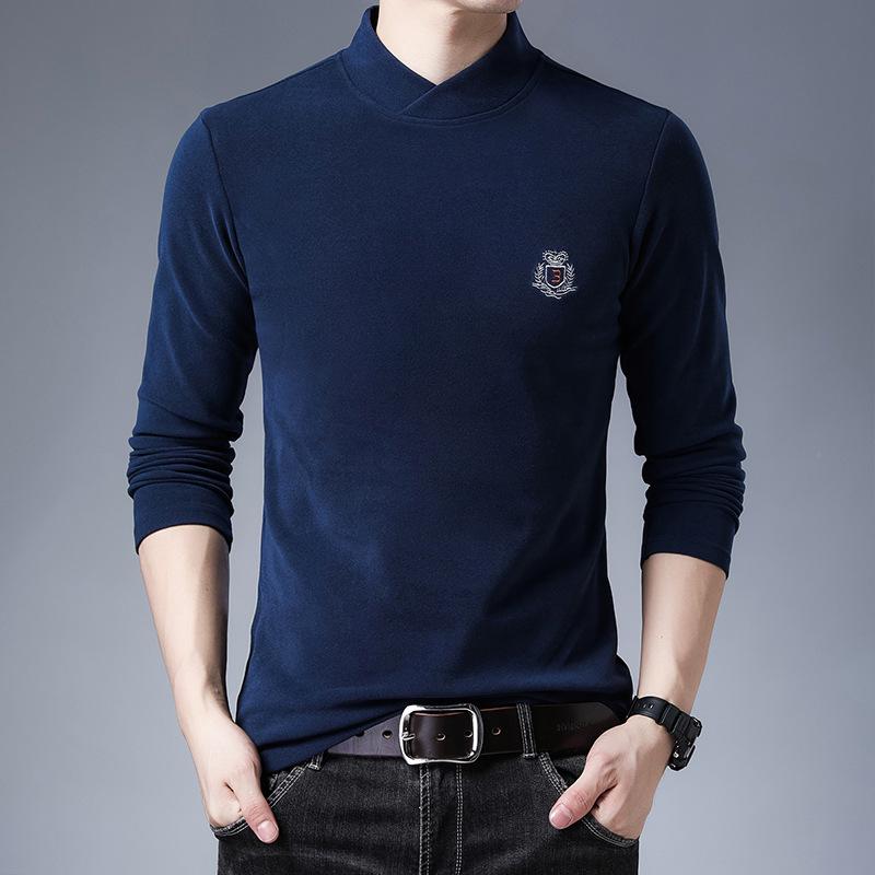 Spring and Autumn Double-sided Velvet Young and Middle-aged Solid Color Embroidered Stand Collar T-shirt Long-sleeved Fashion Men