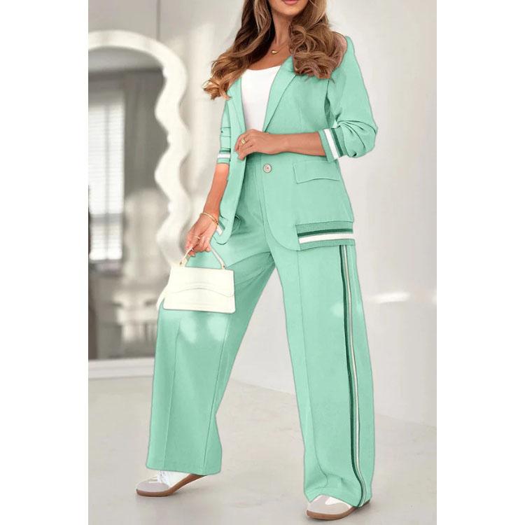 

Женский костюмный пиджак, комплект из 2 предметов, полосатый блейзер, пальто с отложным воротником, однобортный, брюки широкого покроя, ансамбль, наряды для офисной леди S светло-зеленый