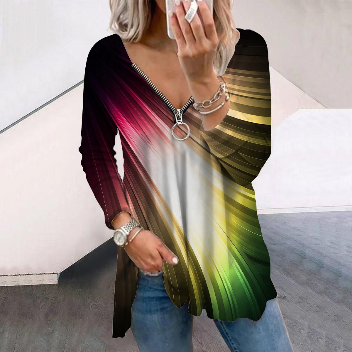 

Женские осенние градиентные цветные легкие футболки с длинным рукавом с принтом, свободные футболки с V-образным вырезом больших размеров, удобные блузки 8XL чёрный