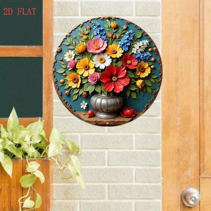 Vintage Farmhouse Metal Wall Art Round Bouquet Vase Tin Sign for Living Room
