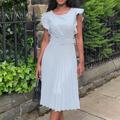 Large Size Women Summer Fashion Solid Ruffle Sleeves Dress Ladies One Piece Round Collar Pleated Dress with Belt