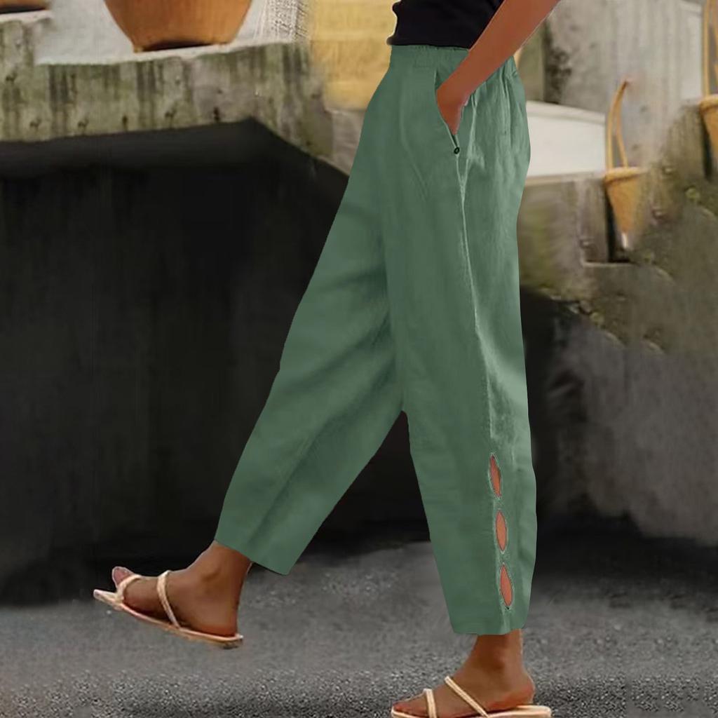 Women's Fashion Cotton Linen Color Casual Daily Side Pockets Leg Hollow Button Trousers