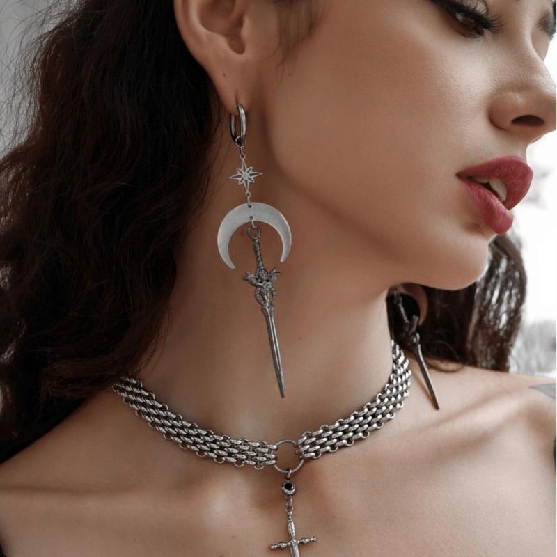 Goth Punk Style Moon Sword Long Earrings For Women Vintage Jewelry Gift Accessories