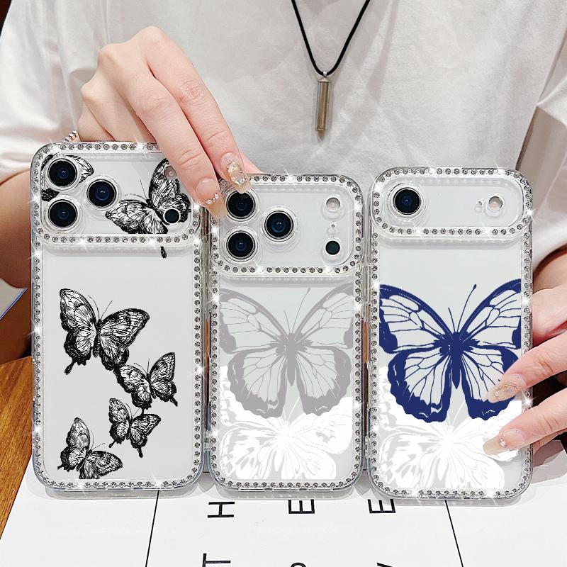 Luxury Bling Diamond TPU Phone Case For iPhone 17 Air 16e 16 14 15 13 17 Pro Max 15 16 Plus 17 Simple Butterfly Print ShockProof Case Cover