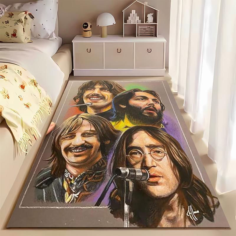 Rock Band Area Rug, The Beatles Four Members Colored Pencil Portrait Microphone Print, Music Lover Room Decor, Non-Slip Mat