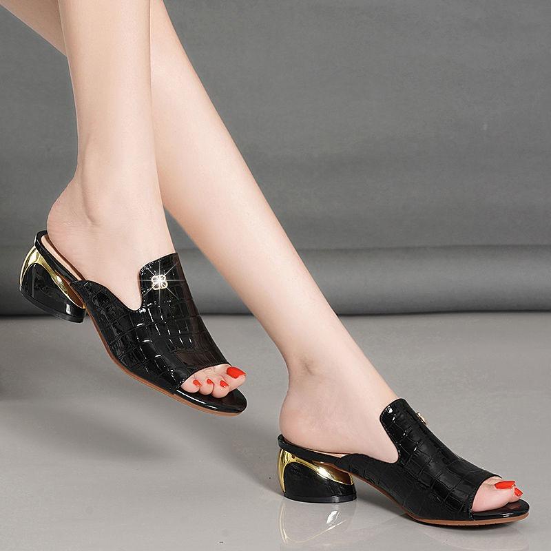 Sandals women's thick heel versatile medium heel women's shoes soft leather cool slippers fashion fish mouth large size women's sandals