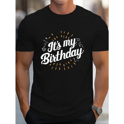 Men'S "It'S My Birthday" Typography T-Shirt - Black Casual Crew Neck with Colorful Geometric Design, Slight Stretch Fabric