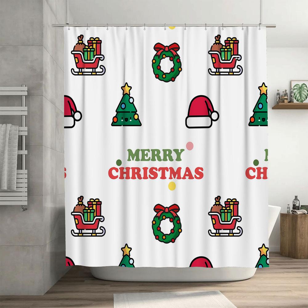 Weihnachts-Duschvorhang Frohe Weihnachten Dekorationen Weihnachtsmann, Zuckerstangen-Lichter Rutschfester Wasserdichter Badteppich Abdeckungsset für B