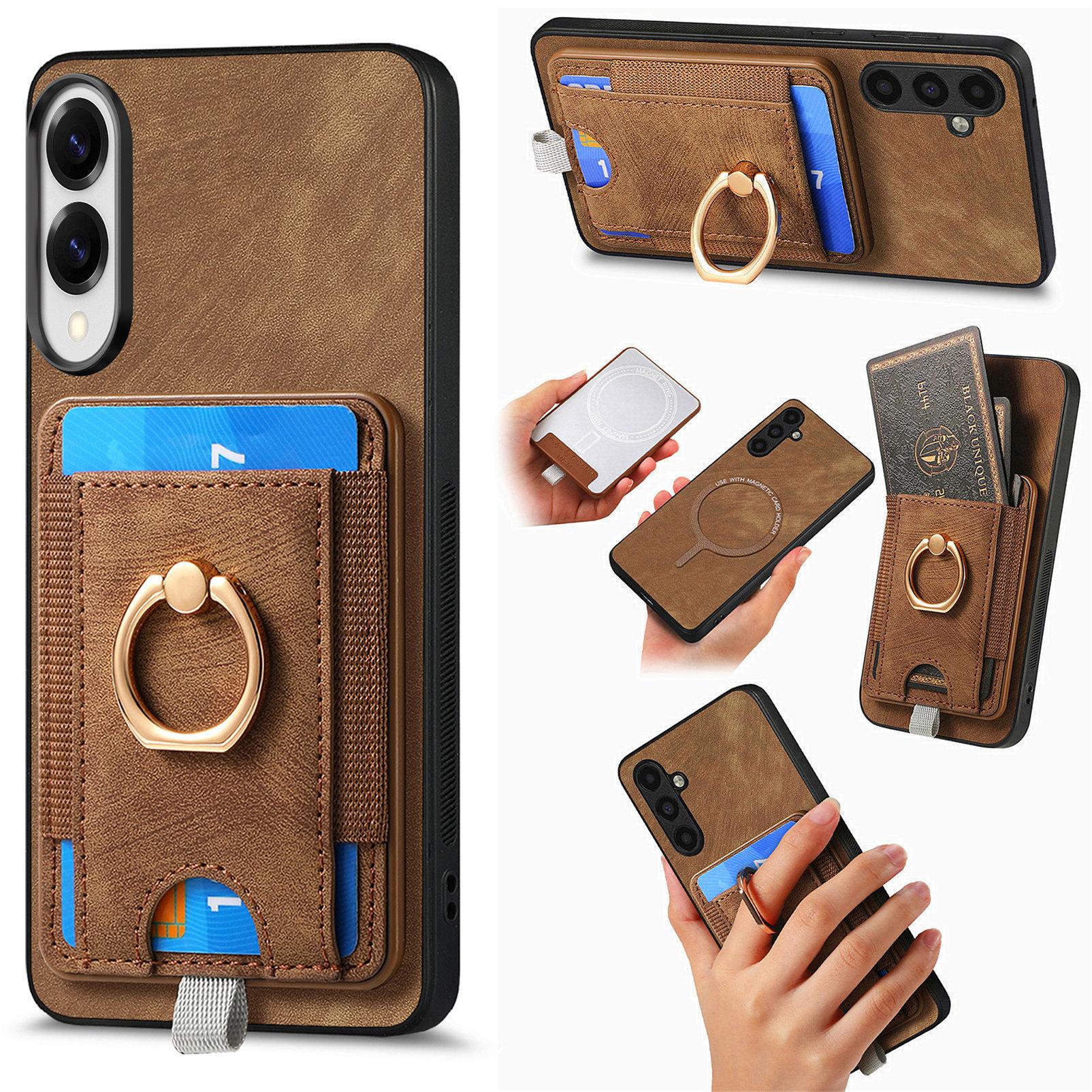 

For Samsung Galaxy S25 Edge Magnetic Case PU Leather Back Cover with Detachable Card Holder Brown