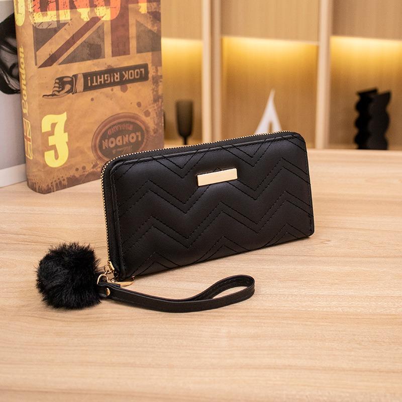 Autumn and Winter New Wallet Women's Long Zipper Hairball Mobile Phone Bag Solid Color Change Clip Handbag One Piece