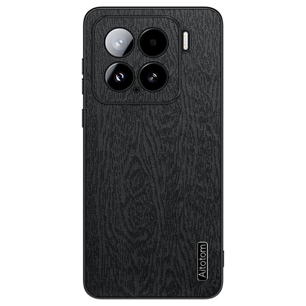 

For Xiaomi 15 Case Wood Texture PU Leather Coated PC+TPU Phone Cover Black
