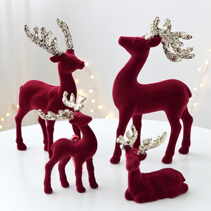 Christmas Tabletop Ornament Reindeer Figurines with Glittered Antler and Feet Deer Animal Model Home Decorations Gift