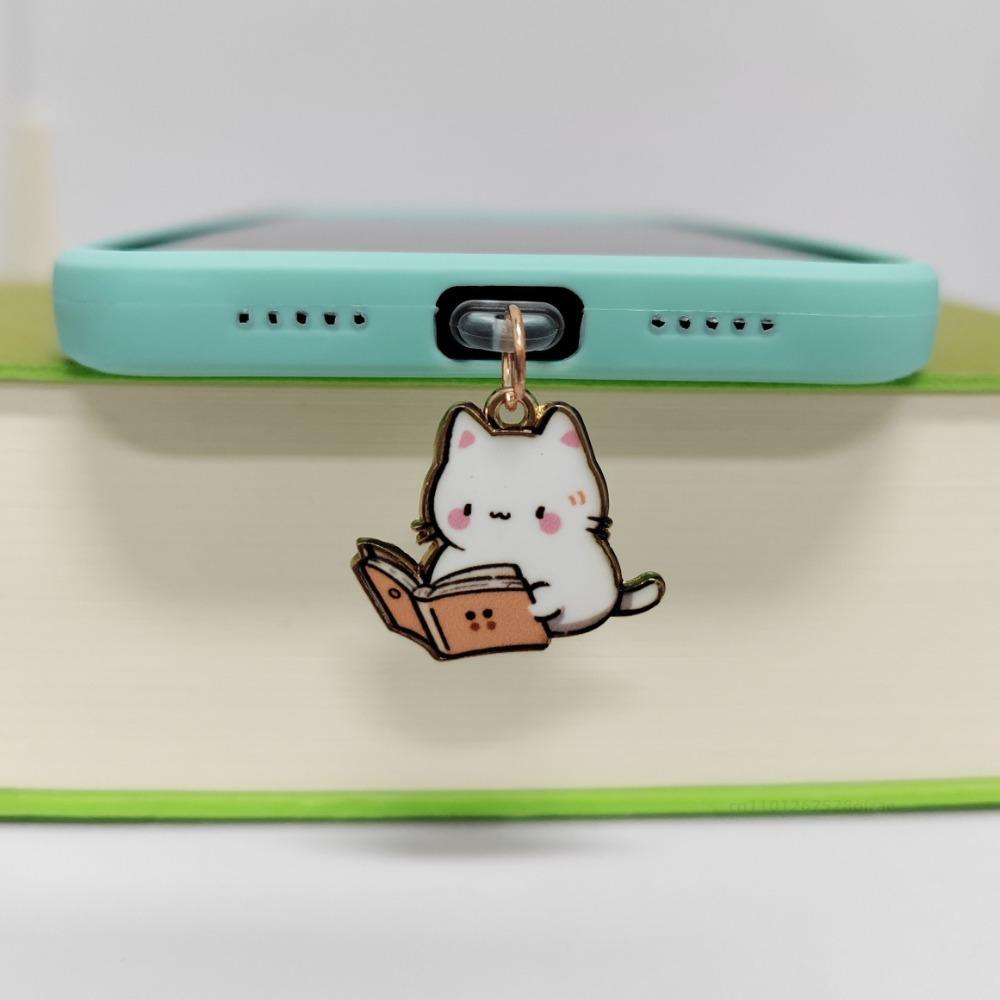 Kawaii Dust Plug Reading Cat Charge Port Plug For IPhone Type C Anti Dust Cap Decoration Hanging Phone Pendant Ladies Gift