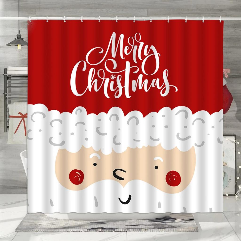 unframed Christmas Shower Curtain, Winter Snowman Father Christmas Farmhouse Truck Snowflake Christmas Tree Red Bird Bathroom De