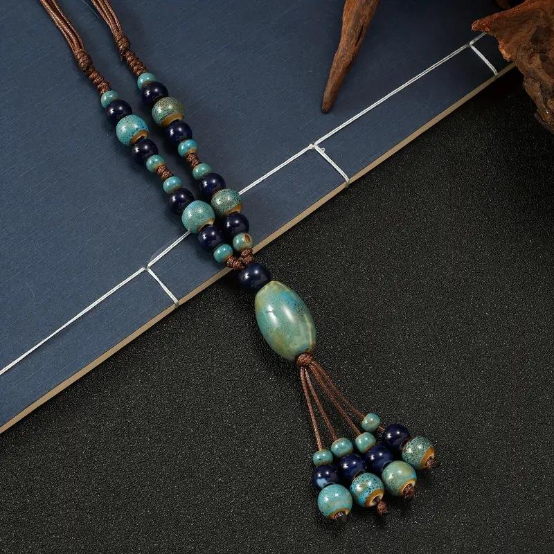 Unique Vintage Longline Necklace, Adjustable Folk Style Jewelry with Handwoven Ceramic Pendant for Women Versatile Accessory