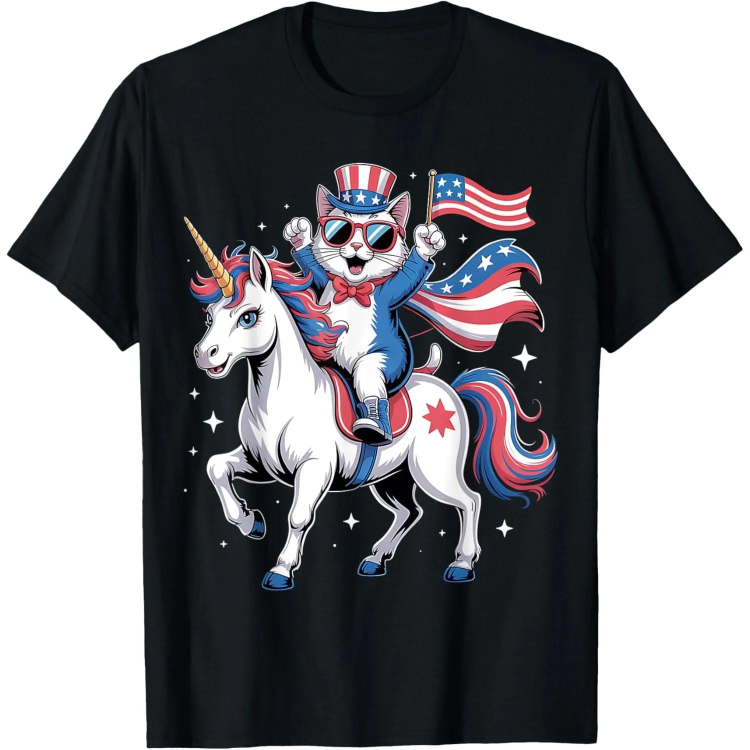Patriotic Cat Riding Unicorn T-Shirt USA Flag 4th of July Graphic Tee for Men Women S