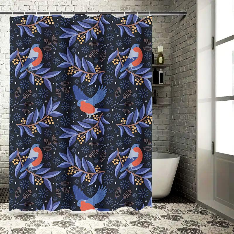 Blauer Vogel Botanischer Duschvorhang Heimdekoration Wasserdichtes Gewebe Badezimmer Dekoration Wandbehang Künstlerisches Design (Navy blau)