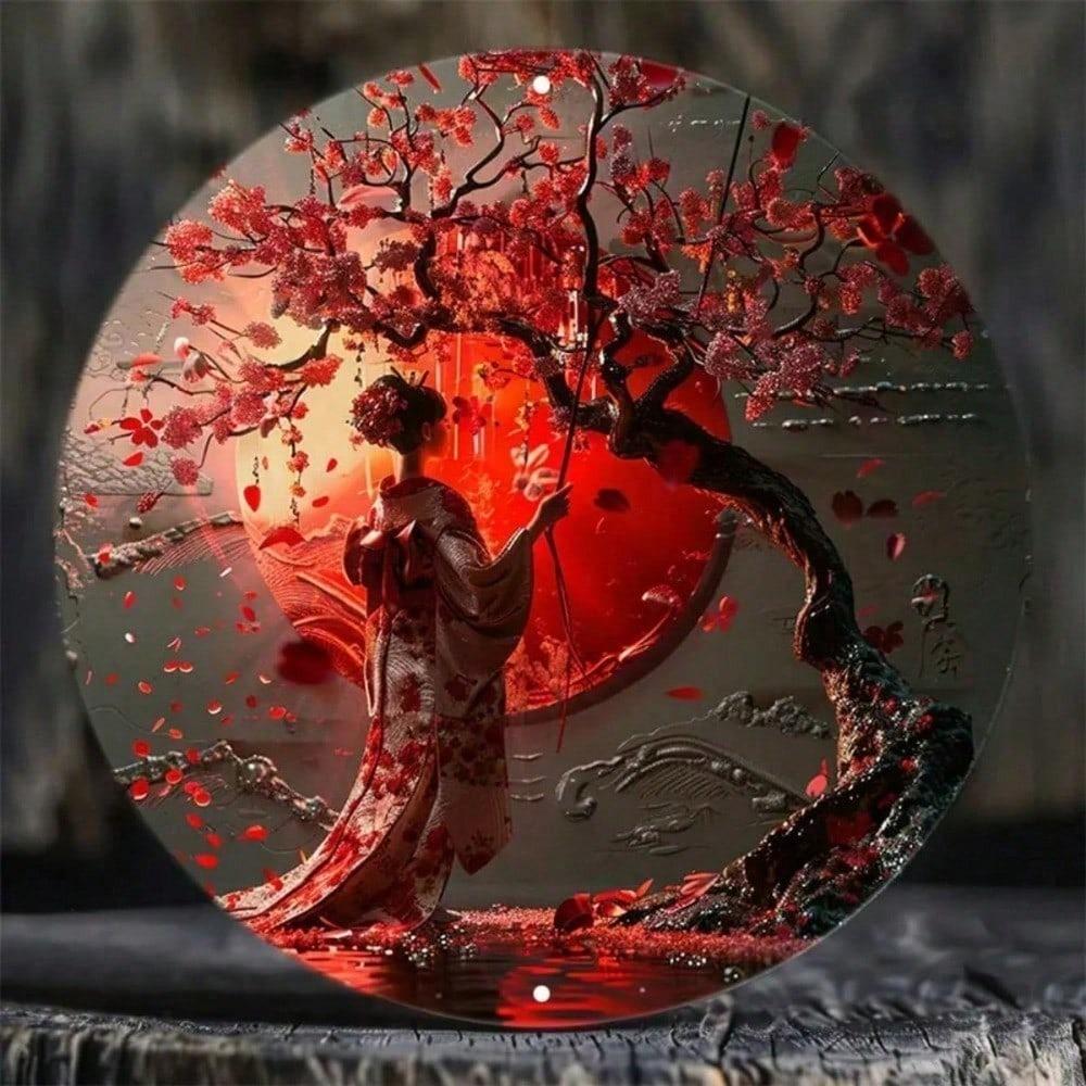 8x8 Inch Round Metal Wall Art Japanese Woman Kimono Cherry Blossom Vintage Home Decor UV Resistant Scratch Proof Hanging Sign