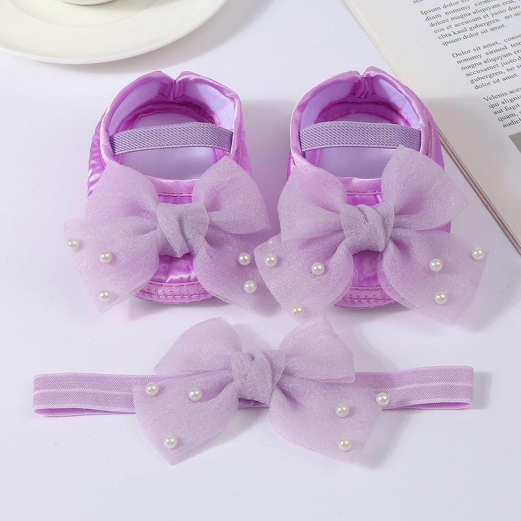 Elegant Lace Pearl Tulle Bow Baby Crib Shoes Matching Stretch Headband Set, Non-Slip Flexible Sole Toddler First Walkers Princess Outfit Accessory