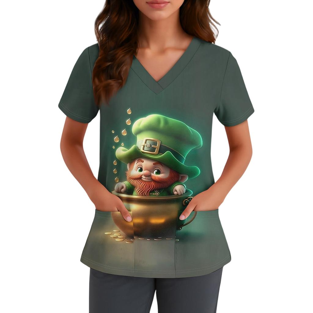 Women's Cute Bow Printed Work Clothes V-neck Double Layer Pockets Basic Short Sleeve Top Pullover