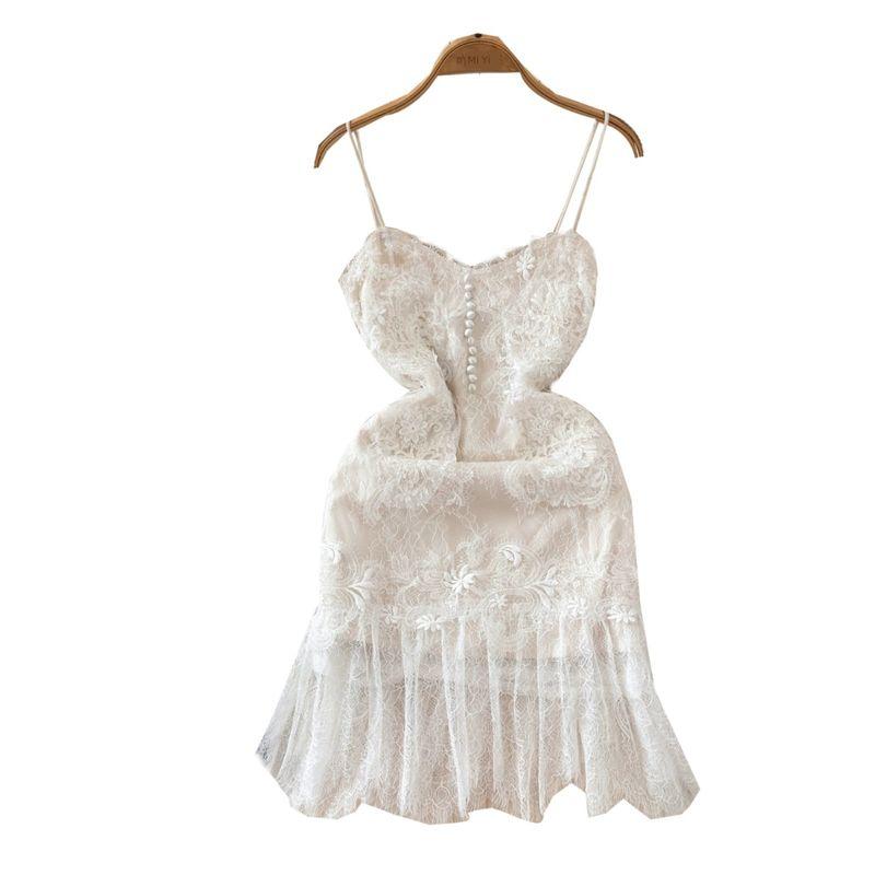 White Lace Feather Slip Dress Summer Fairy Heavy Work V Neck Elegant Birthday Dress Sexy Pure Dress