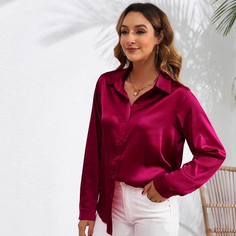 European & American Women's Long Sleeve Satin-Cotton Shirt - Solid Color, Spring & Autumn Bestseller