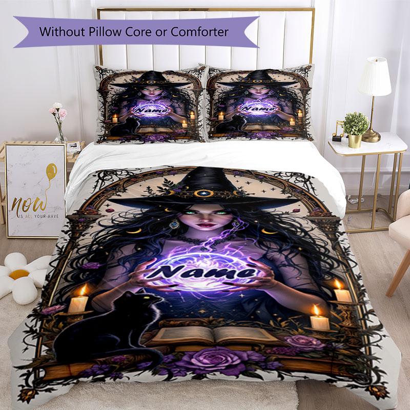 3pcs Custom Name Witchcraft Magic Bedding Set Printed Bedding Set Duvet Cover Closure Includes 1 Duvet Cover & 2 Pillowcases Bedroom Decor