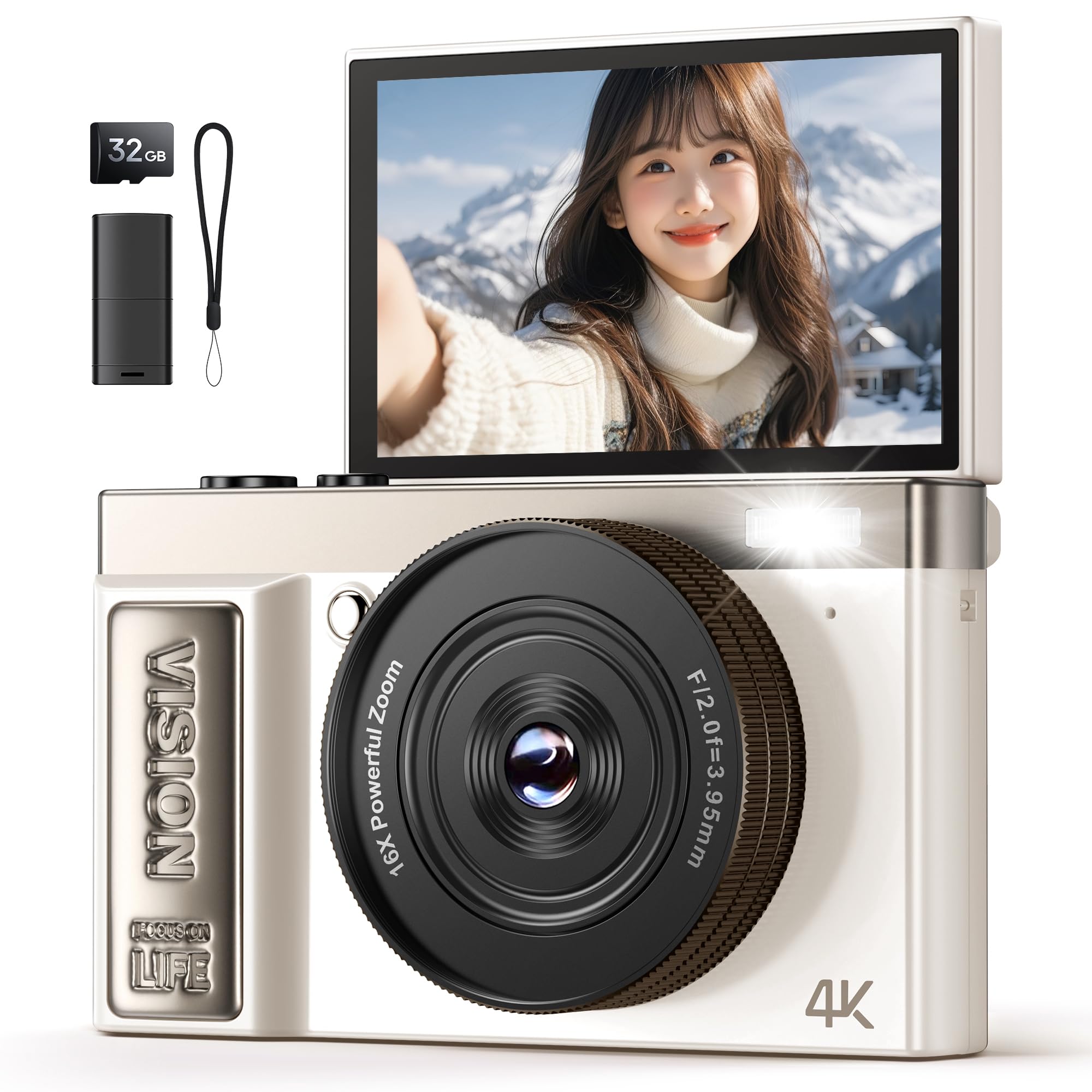 

AEKOMi 4K Video 64MP Flip Digital AF Compact 16X Digital Image IPS 32GB Micro SD Card Compact and Ideal for School and with Japanese Instruction білий