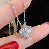 S925 Sterling Silver Four-Leaf Clover Necklace, Gold-Plated with Mother-of-Pearl and Agate On a Laser-Cut Clavicle Chain.