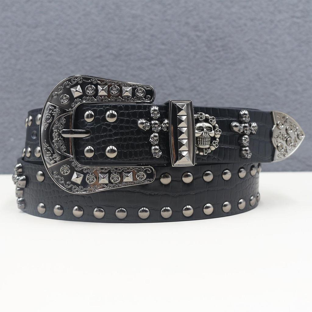 Crocodile Pattern Western Rivet Skull Punk Leather Belt, Unisex Y2K Style