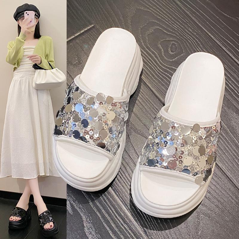 Fashion 8CM Non-slip Outdoor High Platform Rhinestone Mule Shoes Woman New Summer Sandals Ladies Brand Design Bling Wedge Slide Slipper