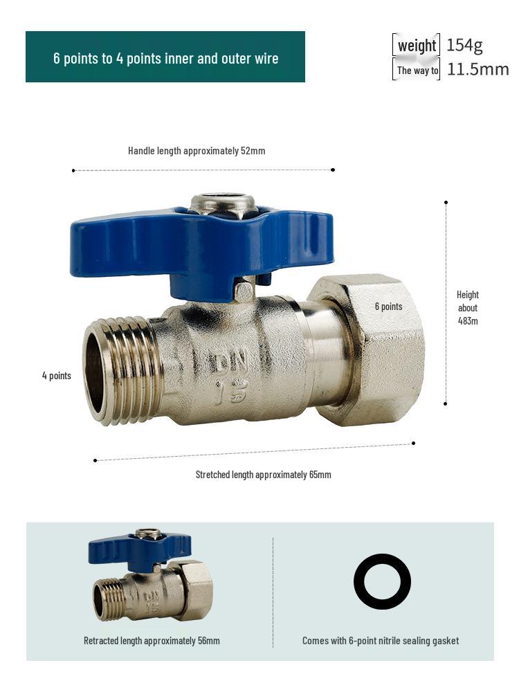 Full Copper Water Heater Union Ball Valve, Male/Female Thread, 6 to 4 Points Large Flow for Wall-Hung Boiler