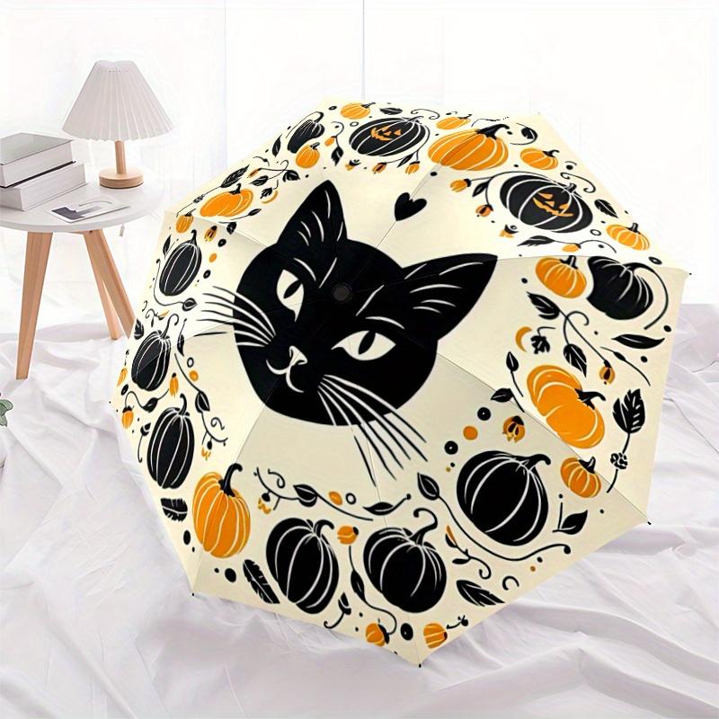 1pc Black Cat and Pumpkin Ideas Automatic 3-Fold Umbrella Design, Cute Cartoon Pattern, Portable Outdoor Umbrella, Perfect, Holiday Gift for Disn
