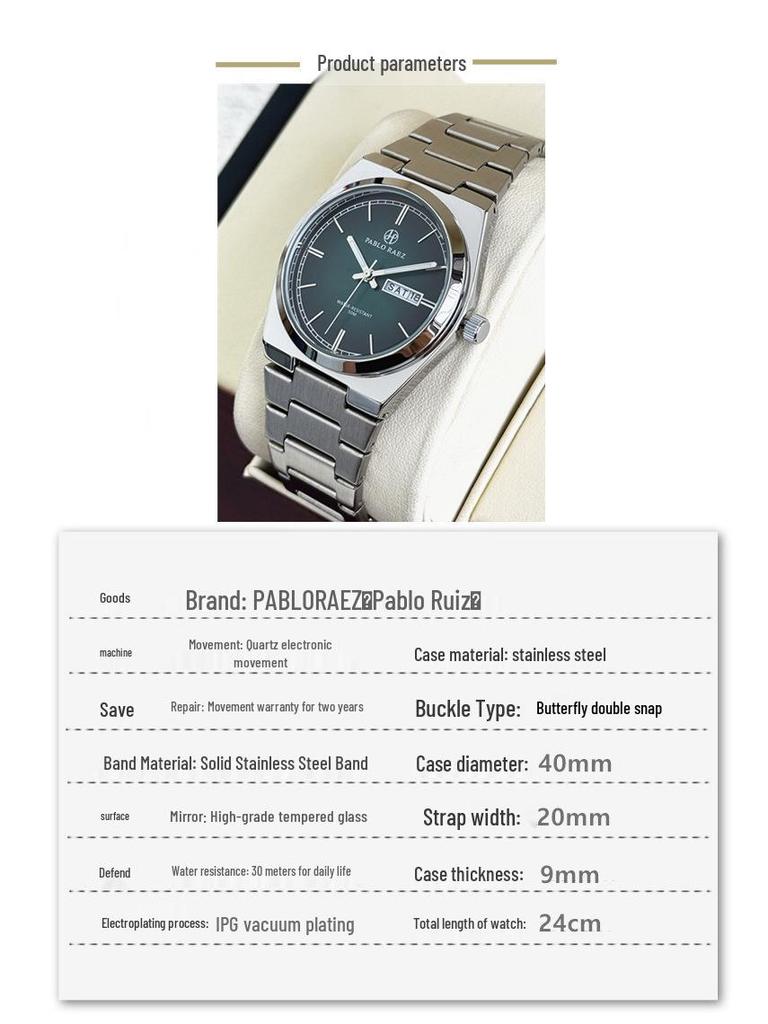 PABLO RAEZ Steel Band Men's Wristwatch with Double Calendar and Butterfly Buckle - Stylish & Trending Casual Business Watch