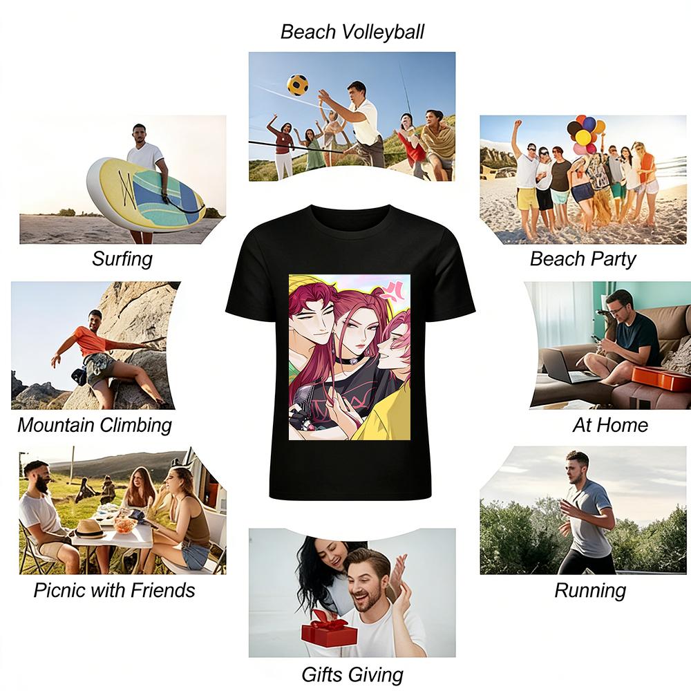 Anime Style Three-Character Print T-Shirt Unisex Loose Casual Crewneck Top Trendy Subculture Tee Pure cotton T-shirt