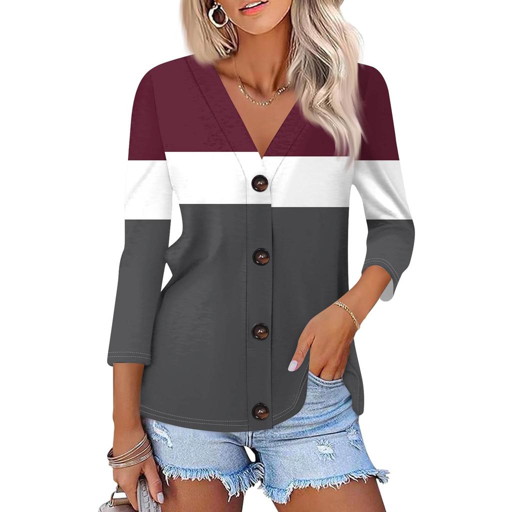 Moda Feminina Casual Camisa Listrada com Estampa Geométrica Abotoada Top Cardigan de Manga Três Quartos