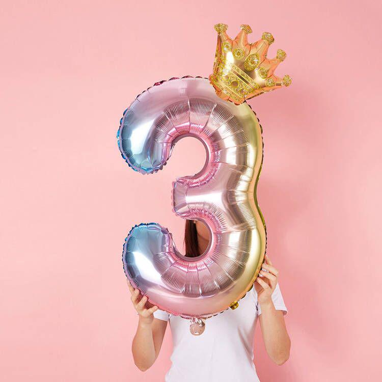 Gradient Color Crown Number Balloon Pillar, 32-40 Inch, First Birthday Party Decoration